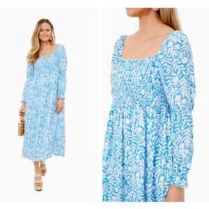 Sail to Sable x Tuckernuck Blue White Floral Print Smocked Midi Dress NEW